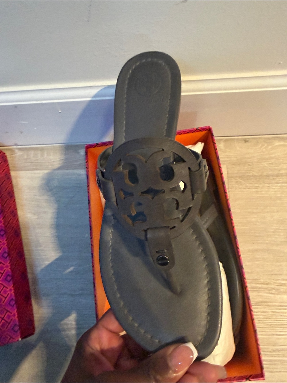 Tory Burch Dark Gray Miller Leather Thong Sandals